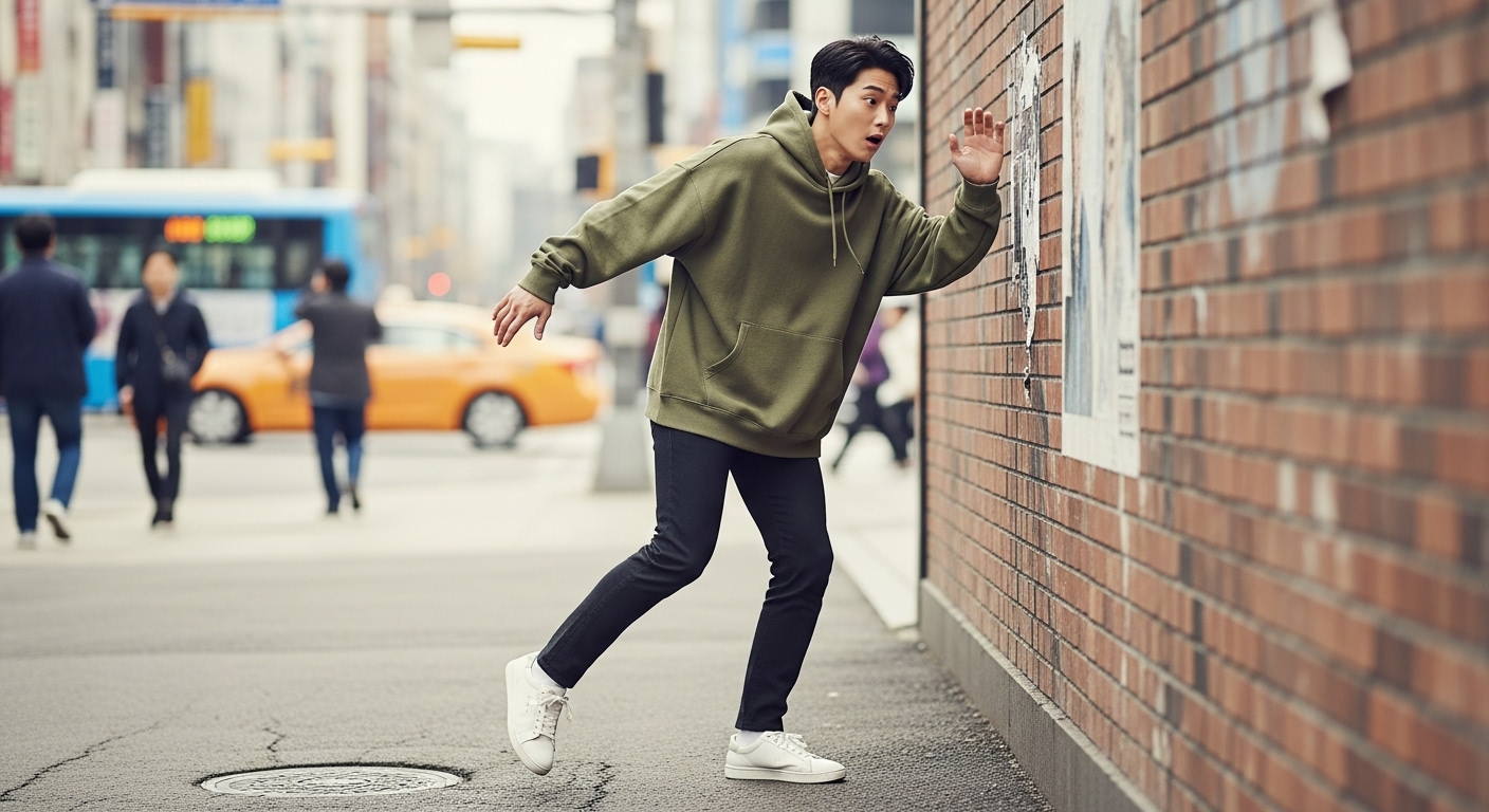 도시 환경에서 실수로 벽에 몸을 부딪치는 젊은 남성의 역동적인 모습