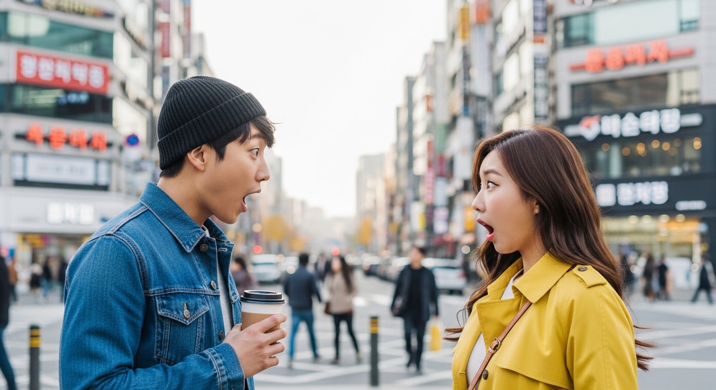 길모퉁이에서 예상치 못하게 마주친 두 친구의 놀란 표정