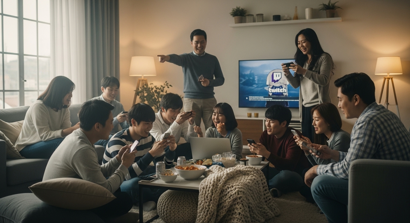 아늑한 거실에서 핸드폰과 노트북으로 트위치 밈 에티켓을 토론하는 다양한 한국 시청자들