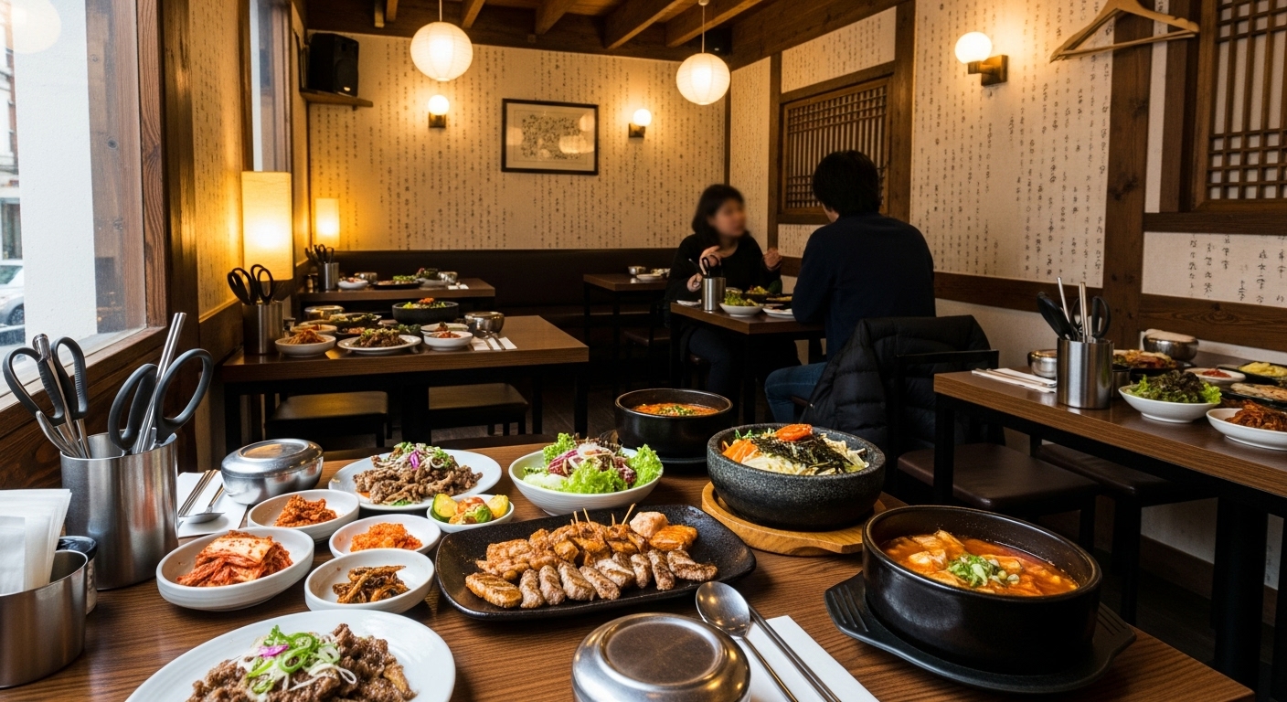전통 음식으로 가득 찬 아늑한 작은 식당 내부 풍경