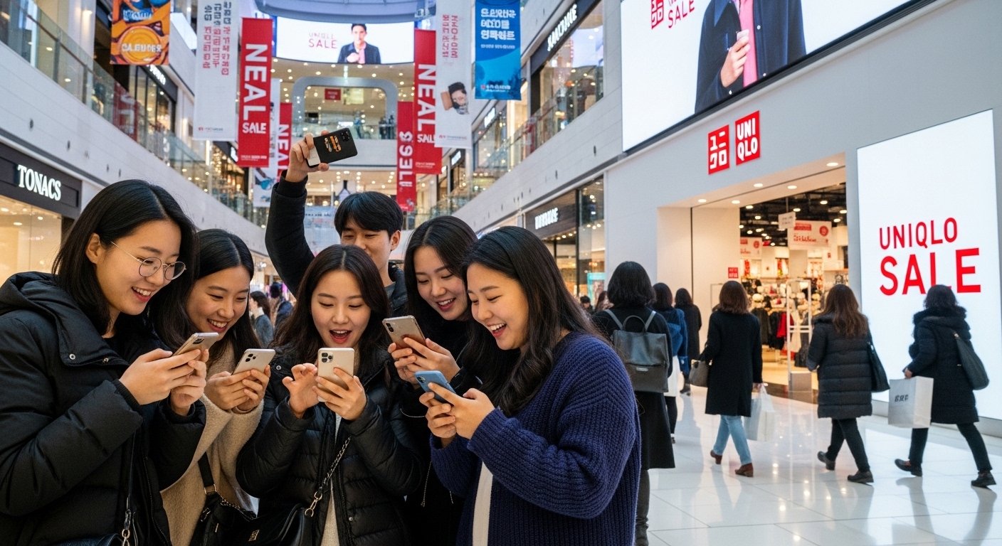 쇼핑몰에서 스마트폰으로 유니클로 세일 정보를 확인하는 사람들