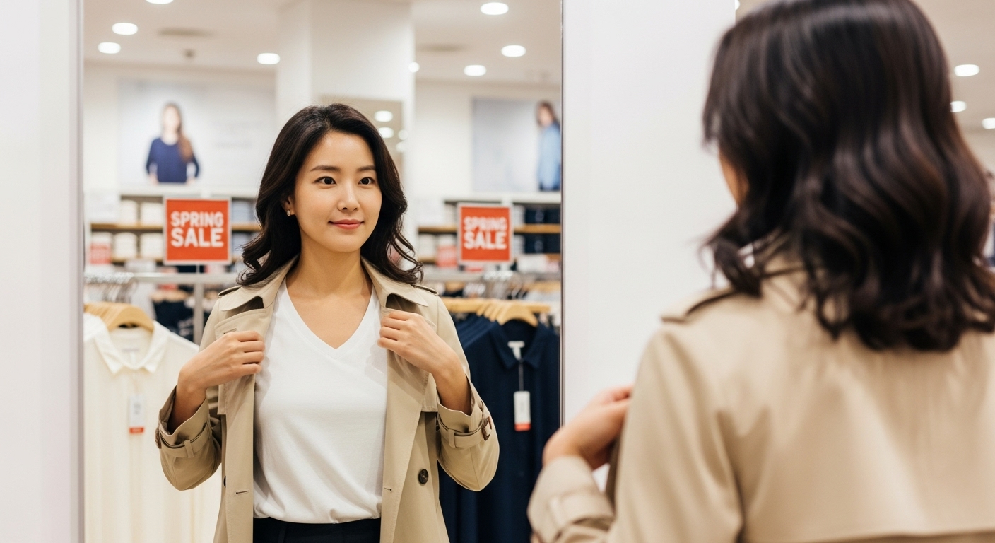 밝은 유니클로 매장에서 트렌치코트와 U티셔츠를 입어보는 여성