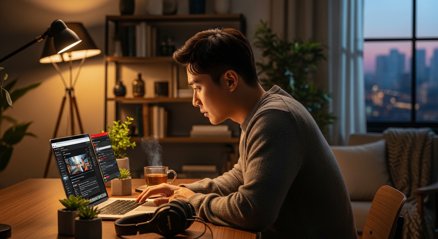 현대적인 홈오피스에서 노트북으로 유튜브 음원을 추출하는 남성