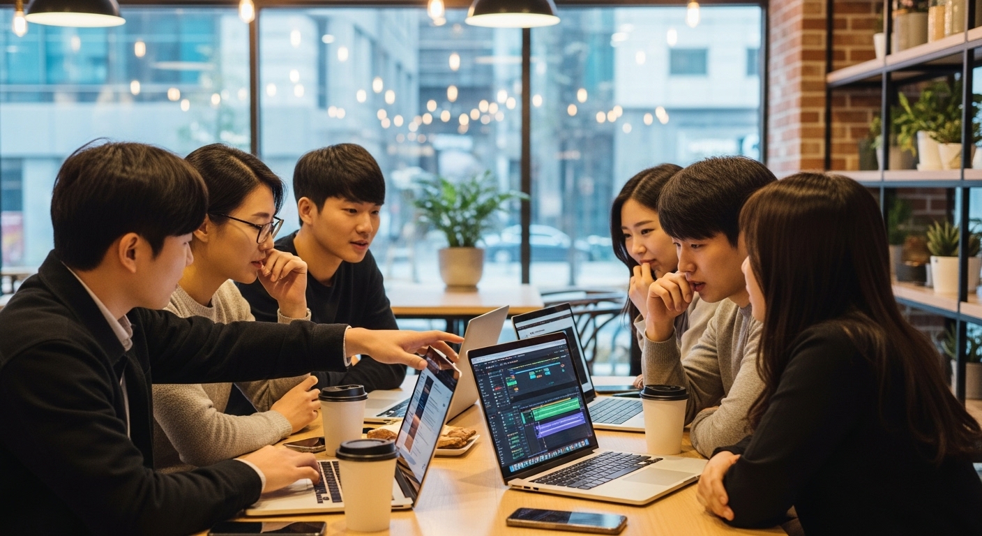 현대적인 카페에서 유튜브 음원추출 도구를 토론하는 젊은이들