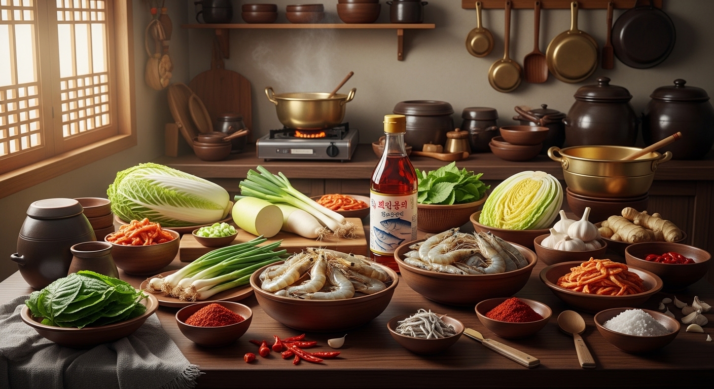 신선한 해산물과 재료가 준비된 전통적인 한국 주방