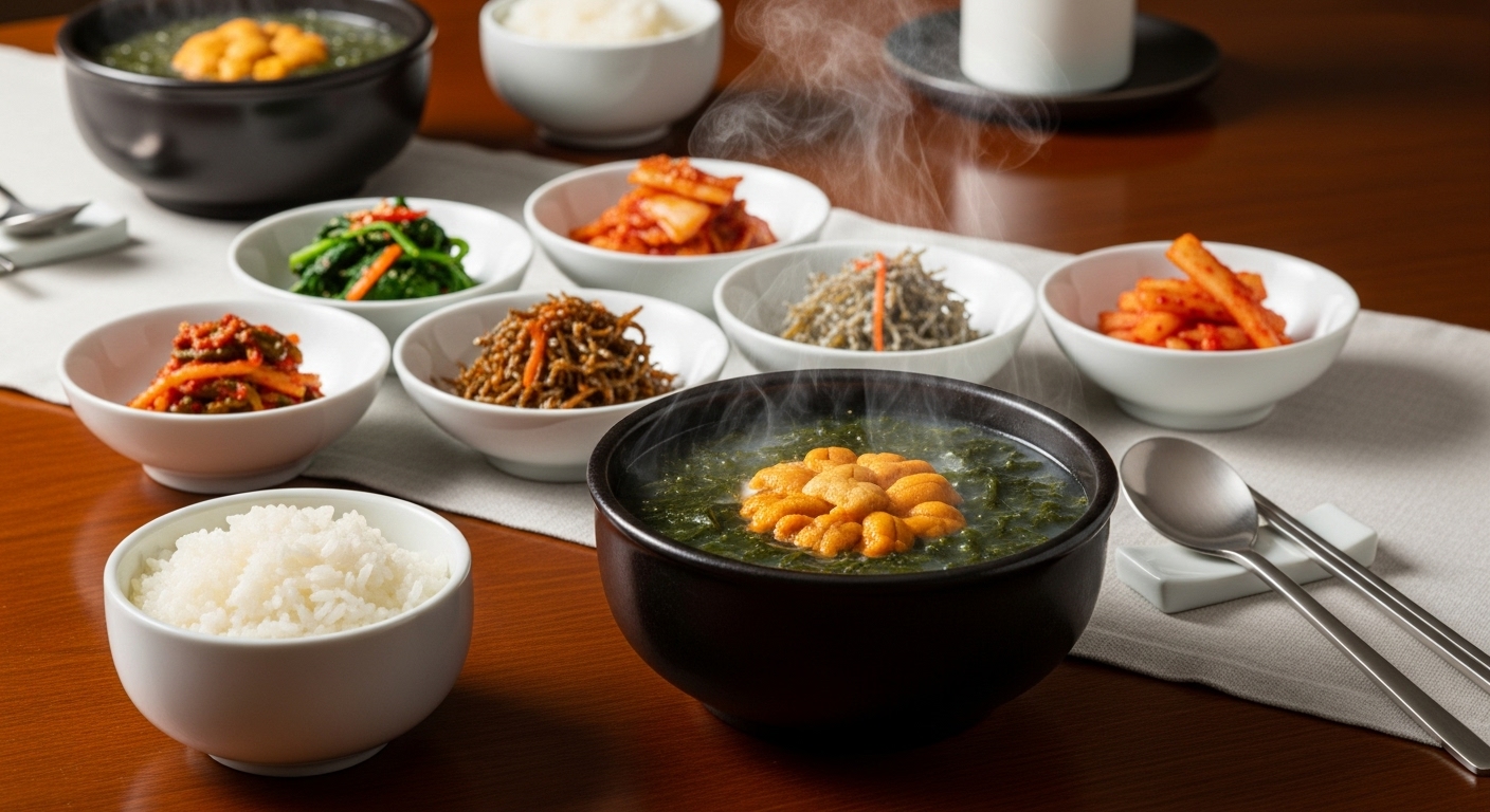 정갈하게 차려진 식탁 위 성게알 미역국과 밥상 구성