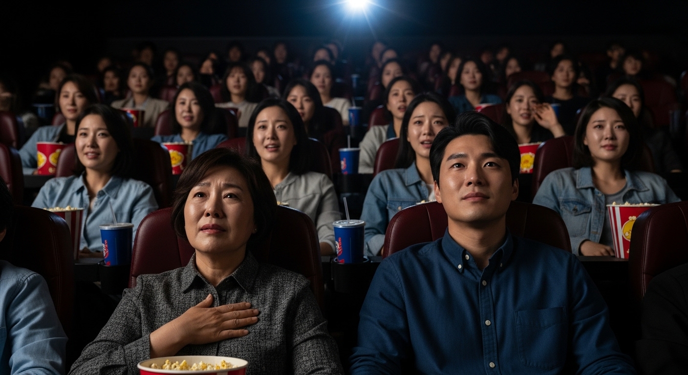 영화관에서 마지막 장면을 집중해서 보는 관객들의 만족스러운 표정