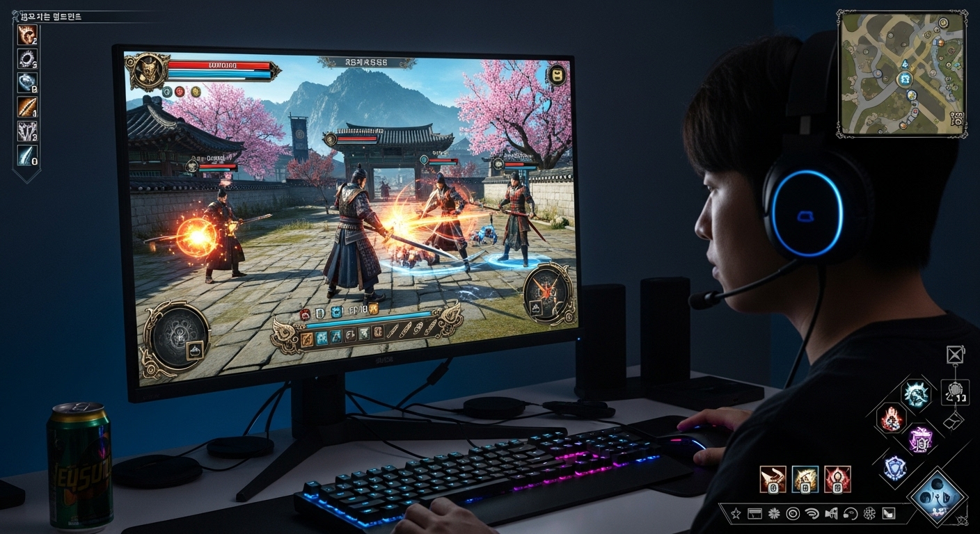 한국 플레이어가 PC에서 고퀄리티 무협 RPG를 즐기는 장면