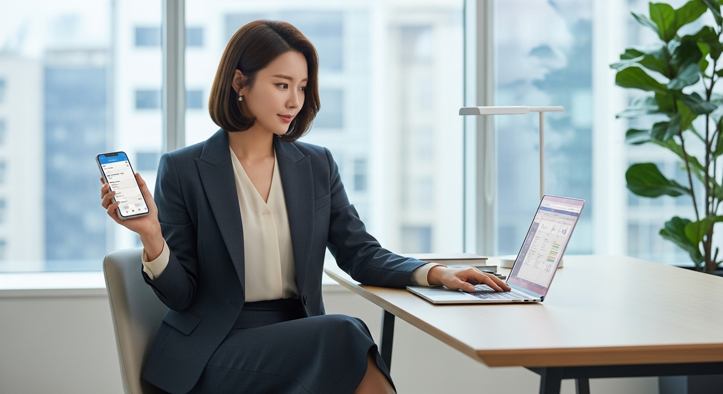 세련된 오피스룩을 입고 스마트폰과 노트북으로 멀티태스킹하는 현대적 커리어우먼