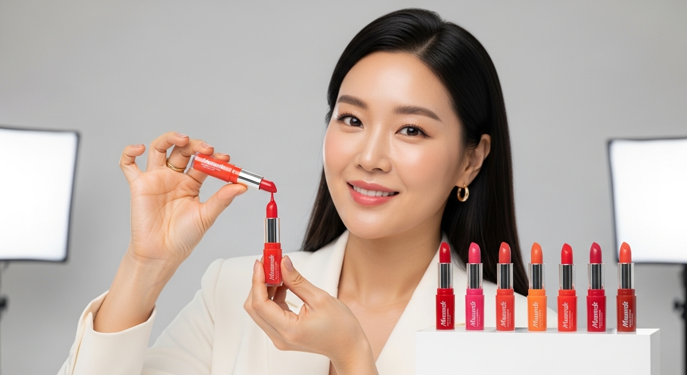 한국 뷰티 인플루언서가 마몽드 크리미틴트 스퀴즈립 제품을 선보이는 모습