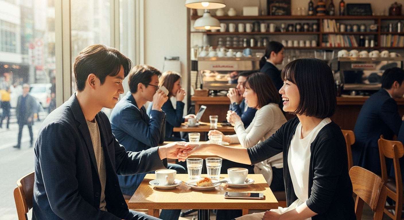 도쿄 카페에서 처음 만나는 한국 남성과 일본계 여성이 수줍은 미소를 짓는 장면