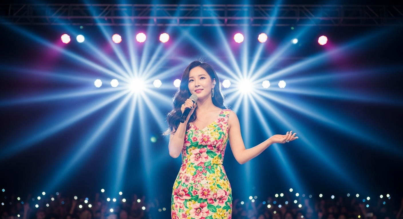꽃무늬 민소매 드레스를 입고 무대에 선 여성 가수