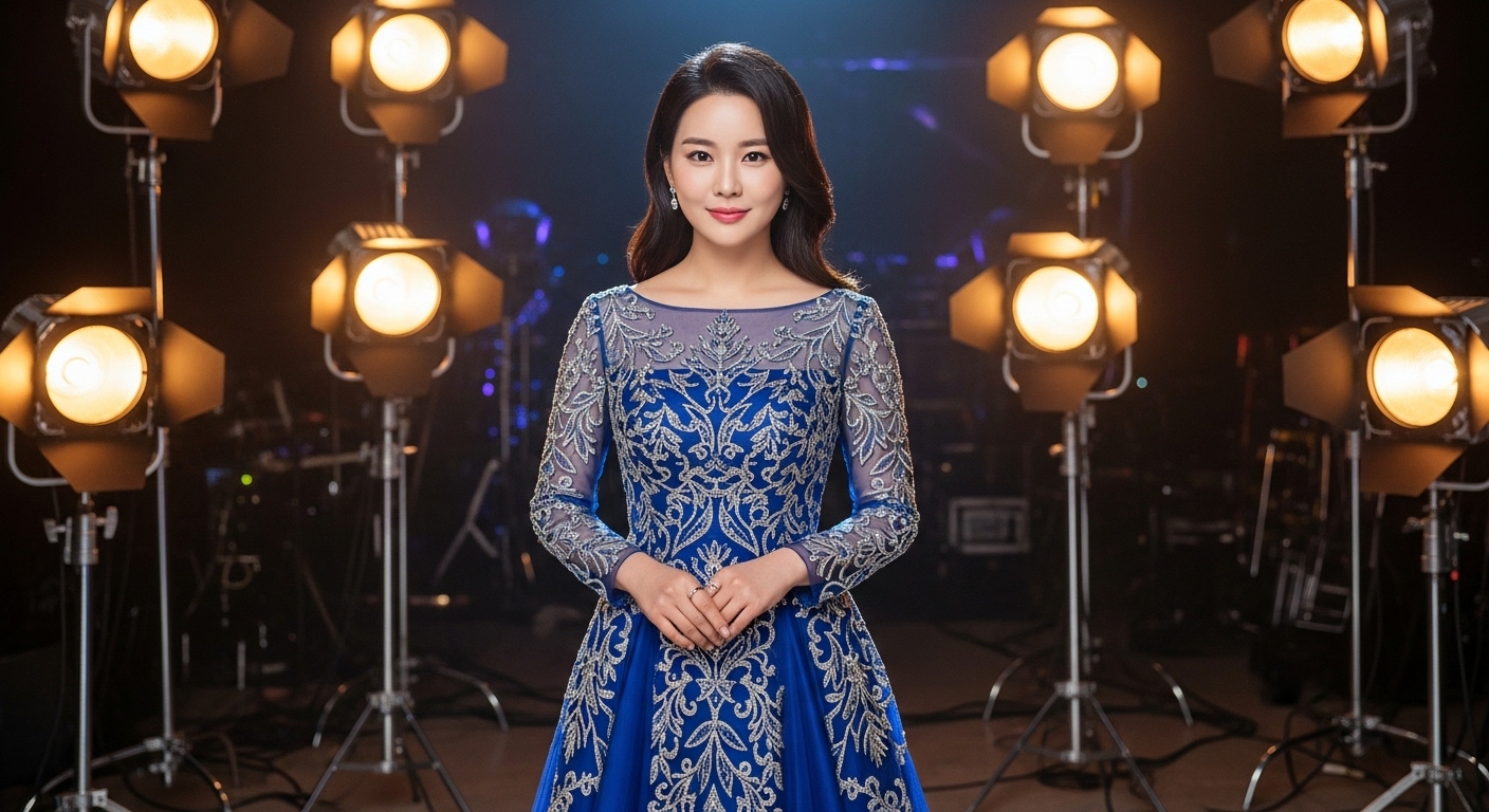 TV 스튜디오에서 세련된 의상과 메이크업을 한 가수의 당당한 모습