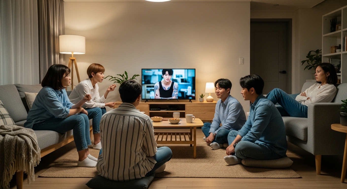 거실에서 TV를 시청하며 타투와 관련된 문화를 논하는 관객들