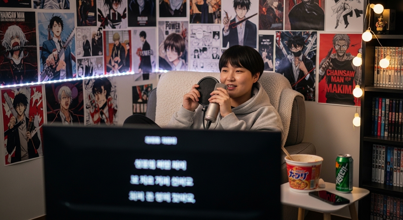 방 안에서 마이크를 들고 체인소맨 포스터로 둘러싸인 모습