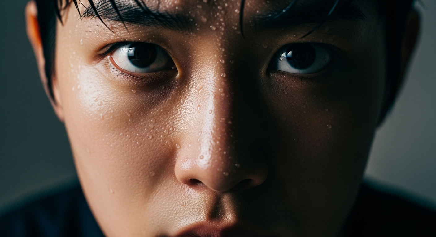 강렬한 표정으로 동공이 확장된 젊은이의 클로즈업 얼굴