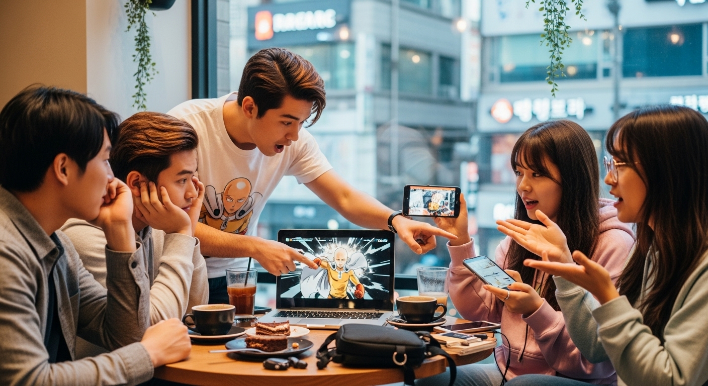 서울의 한 카페에서 원펀맨 에피소드를 열띤 토론 중인 애니메이션 팬들