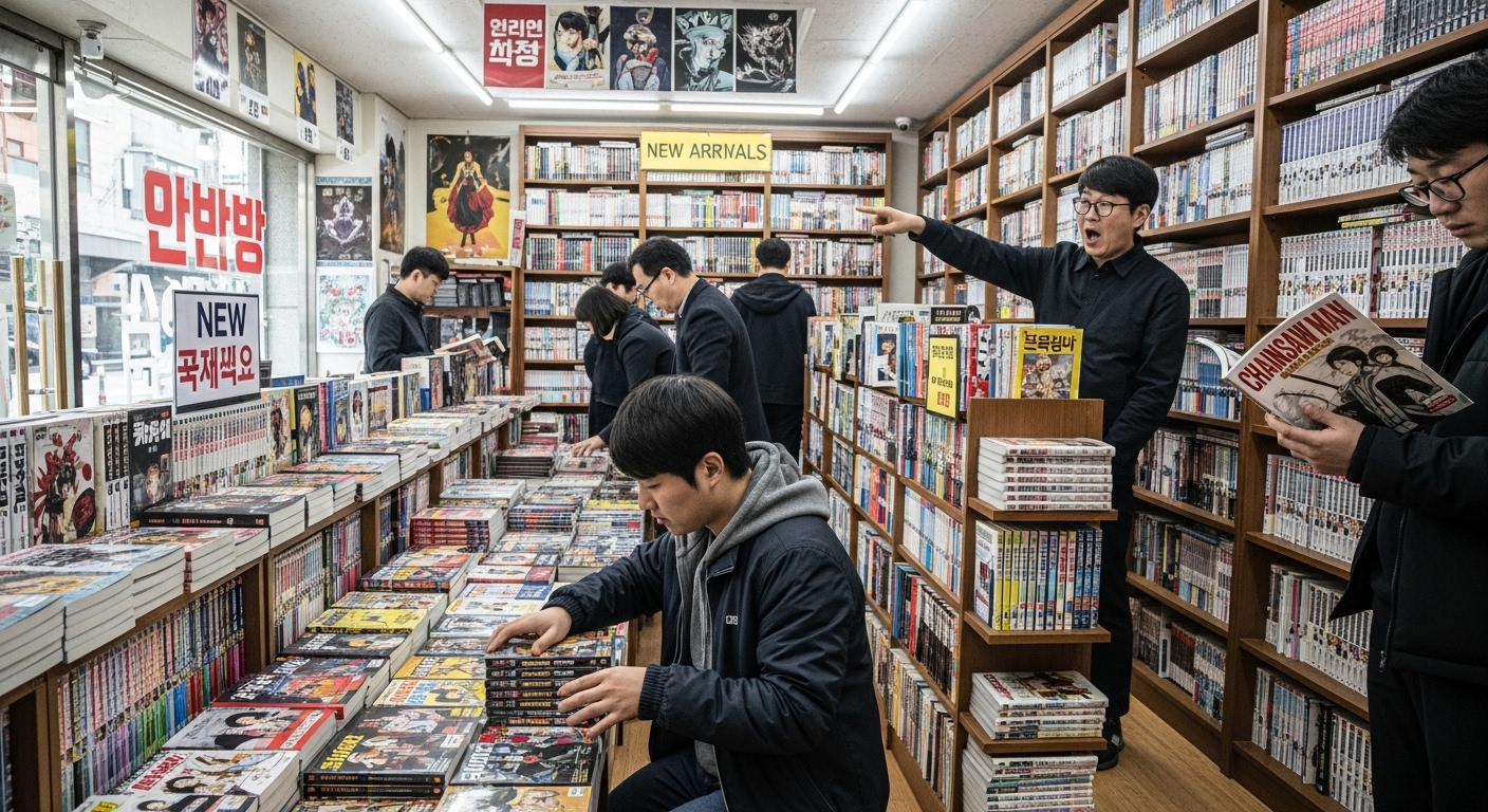만화책을 찾는 고객들로 붐비는 한국 만화점에서 희귀한 체인소맨 특별판을 찾는 장면