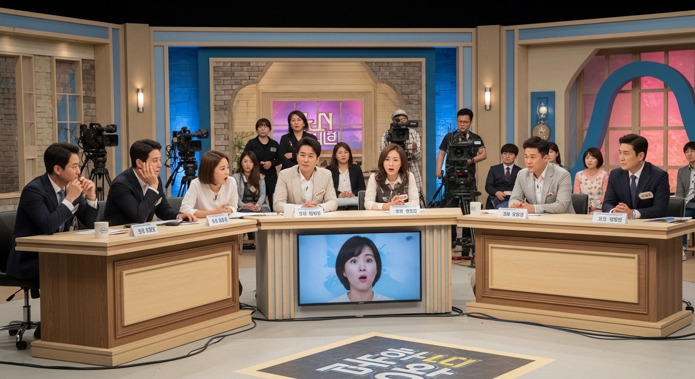 한국 예능 스튜디오에서 긴장감 있는 분위기와 논란의 순간을 포착한 모습
