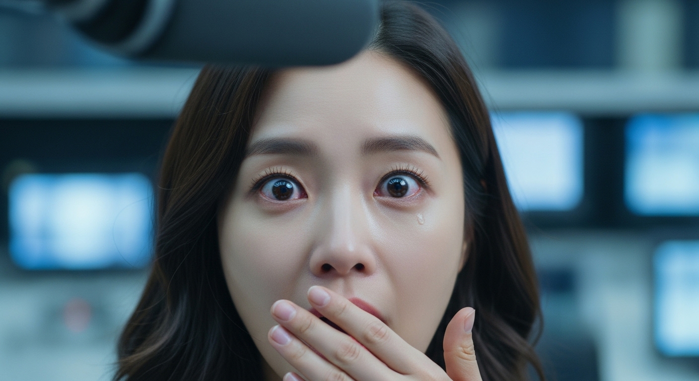 생방송 중 충격받은 표정을 짓고 있는 한국 여배우를 클로즈업으로 포착한 모습