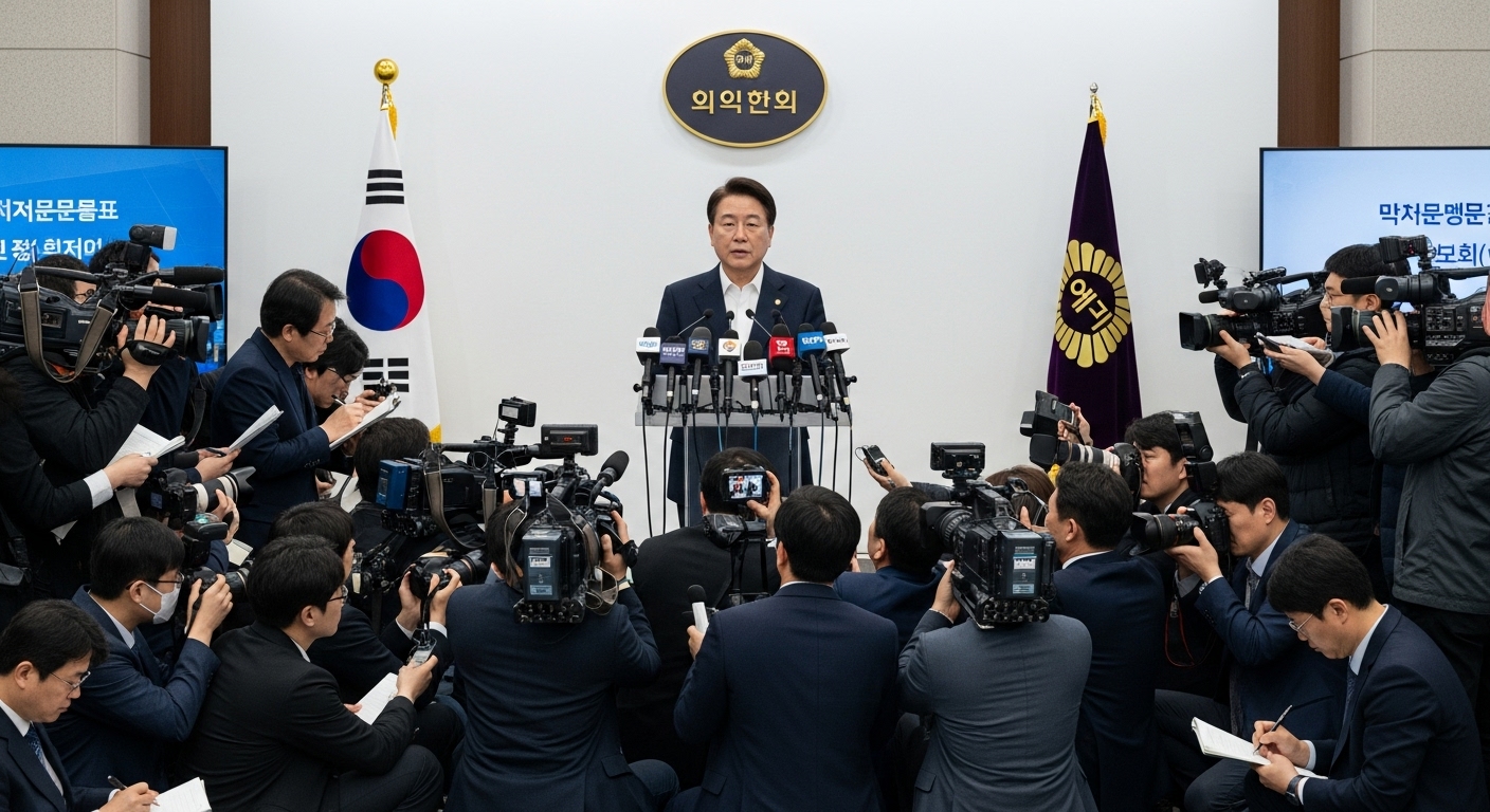 한국에서 공식 성명을 발표하는 자리와 이를 기록하는 언론인들의 진지하고 공식적인 분위기