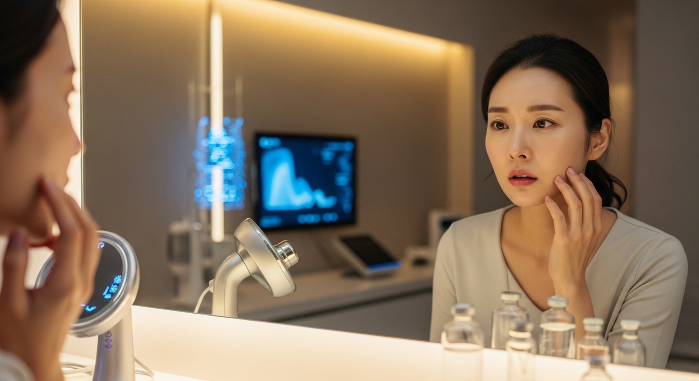 현대적인 피부 클리닉에서 거울을 보며 얼굴 라인을 걱정하는 여성