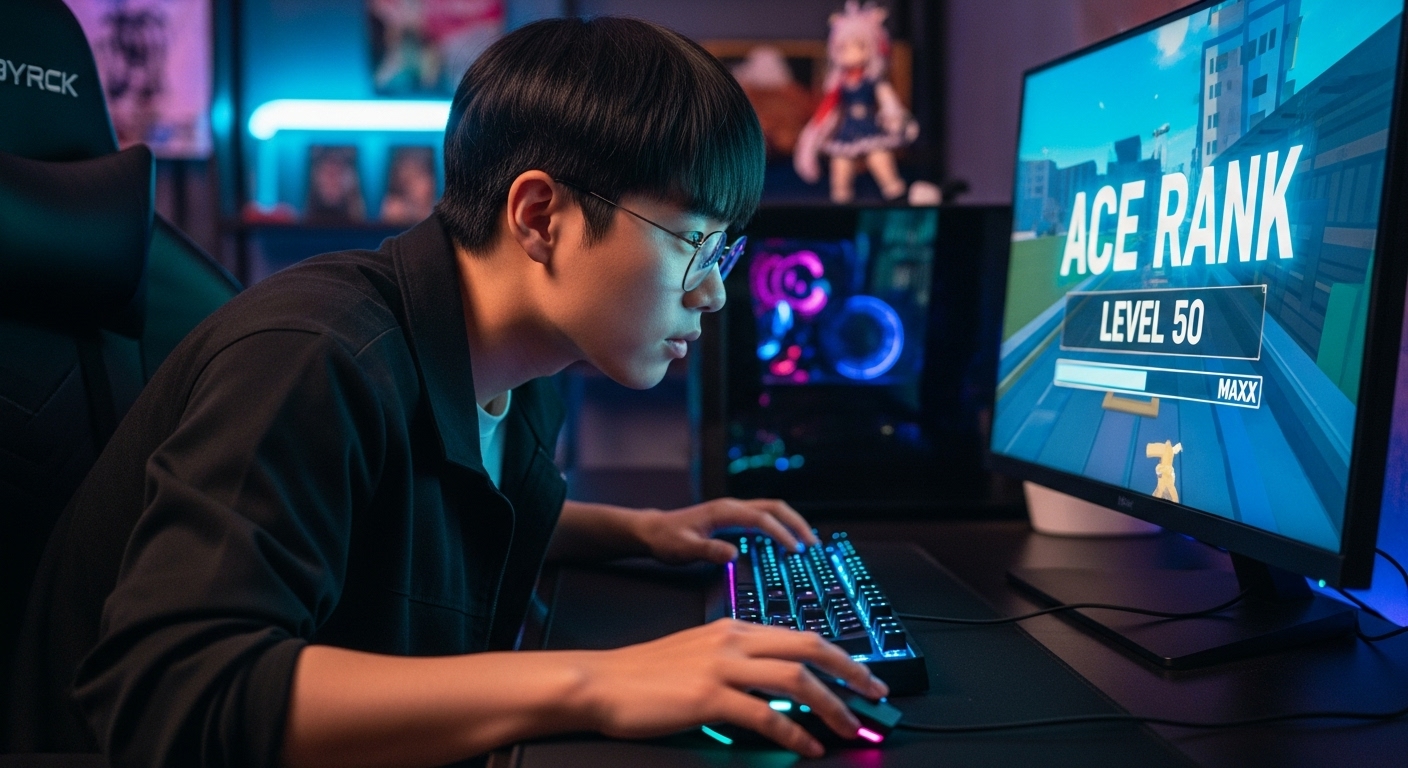 집중한 표정으로 로블 파쿠르 퀘스트에서 에이스 랭크를 달성하는 한국 게이머