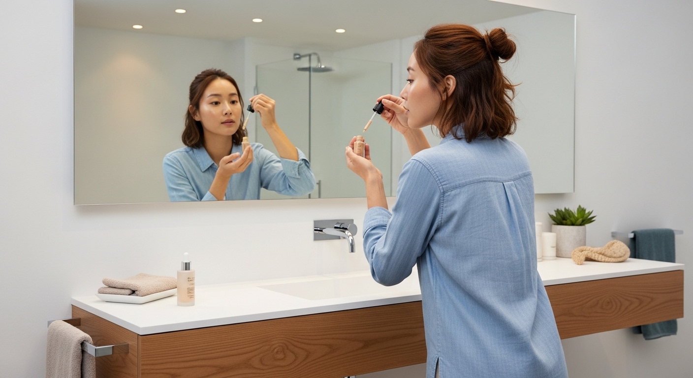 현대적인 욕실에서 스포이드로 가벼운 파운데이션을 바르는 여성