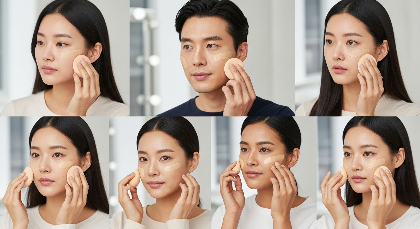 다양한 피부톤의 사람들이 균일하게 발리는 중립색상의 파운데이션을 사용하는 모습