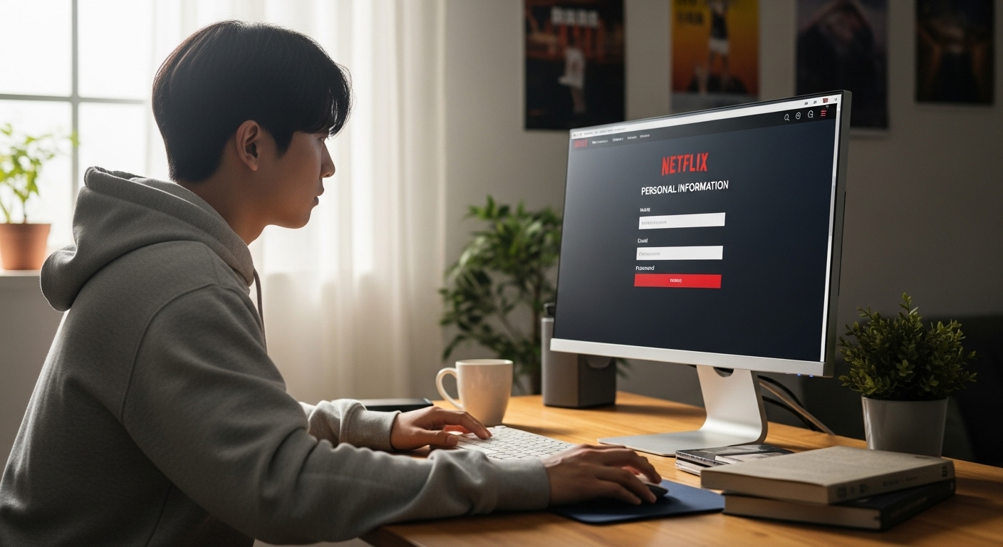책상에 앉아 데스크톱 컴퓨터로 넷플릭스 웹사이트에 개인 정보를 입력하는 학생