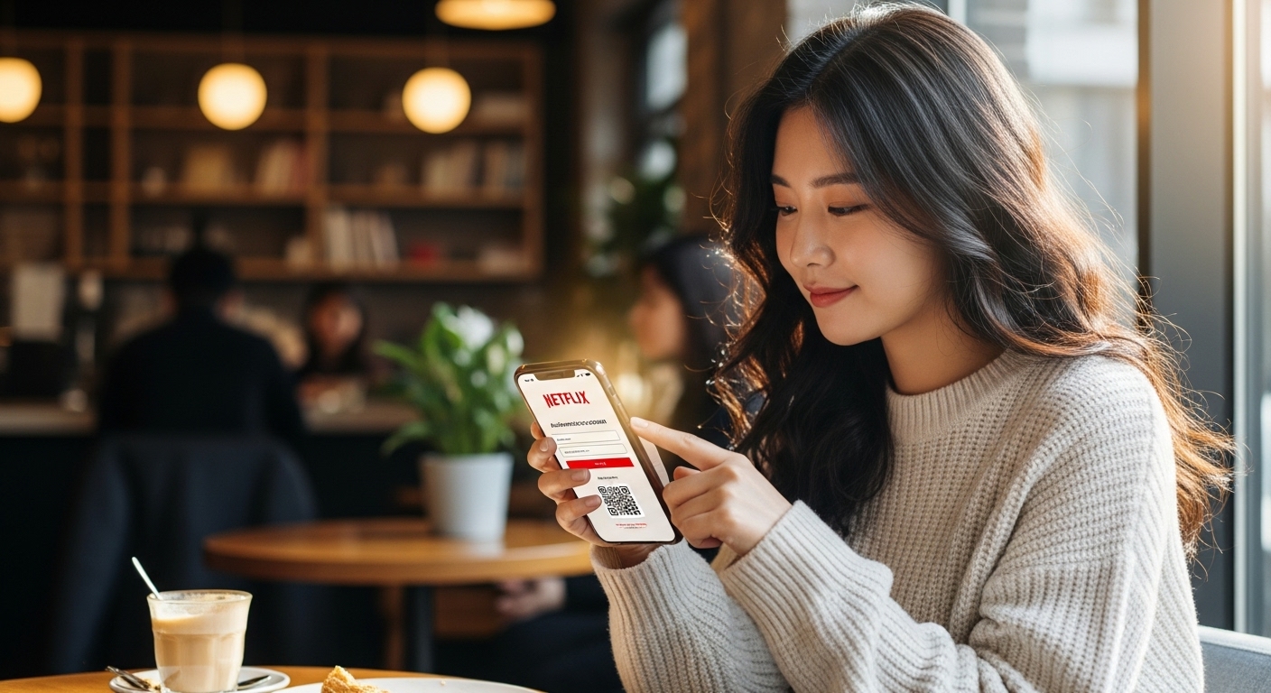 카페에서 스마트폰으로 넷플릭스 인증을 진행 중인 젊은 여성의 캐주얼한 분위기