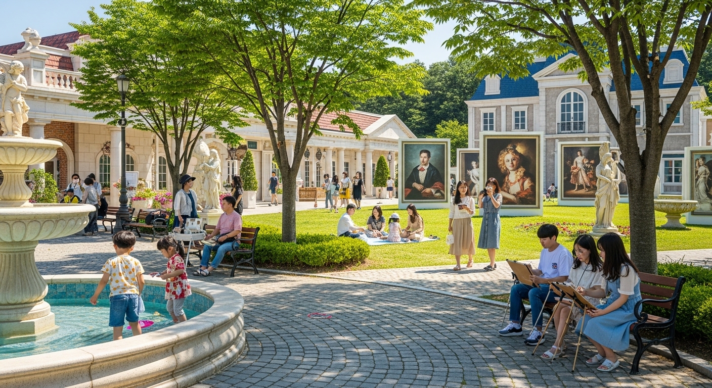 여주에 위치한 유럽 스타일의 테마파크에서 가족들이 문화를 체험하는 모습
