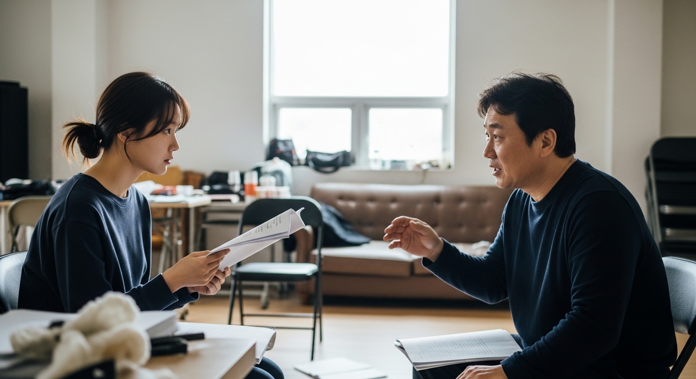 리허설 방에서 역할 준비 중인 젊은 한국 여배우