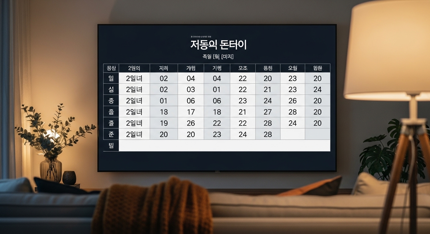 한국 드라마 시리즈의 일정과 에피소드 번호가 적힌 TV 화면이 거실에 놓여있는 모습