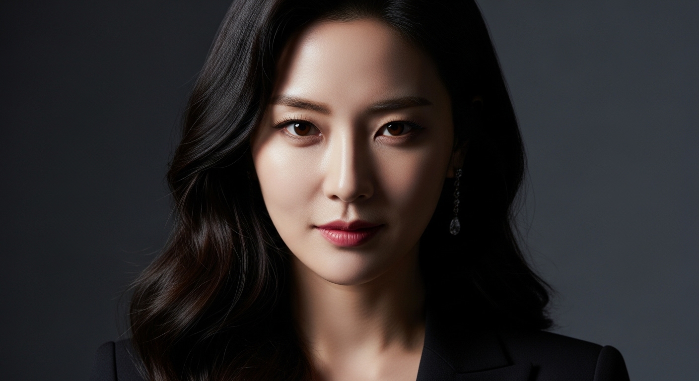 화려하면서도 음험한 표정을 짓고 있는 복합적인 성격의 한국 여배우 초상화