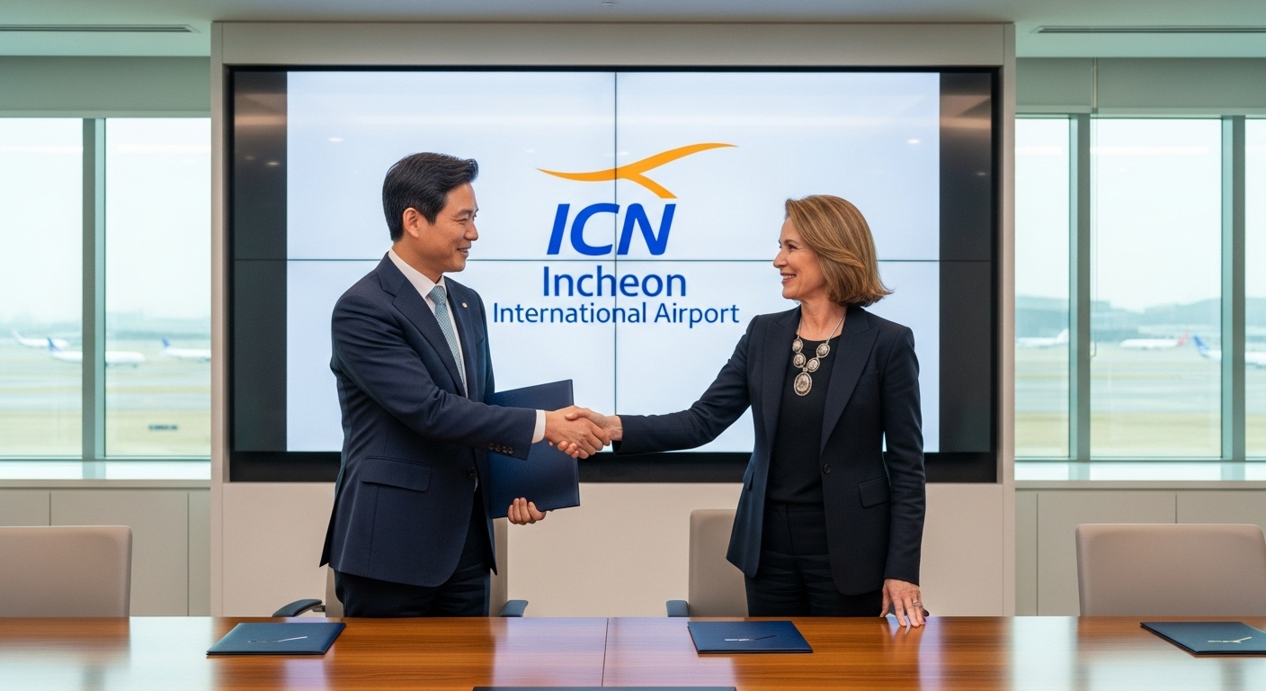 공항 임원이 해외 예술 감독과 회의실에서 악수하는 모습