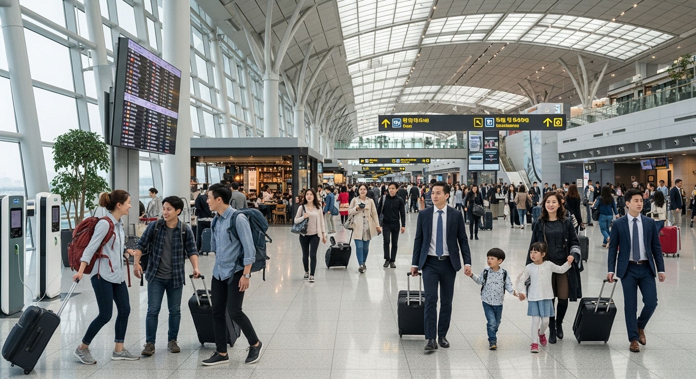 다양한 배경을 가진 여행객들로 붐비는 현대적인 인천공항 터미널