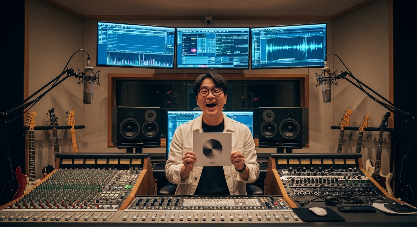 음악 스튜디오에서 새 앨범을 발표하는 아티스트의 모습