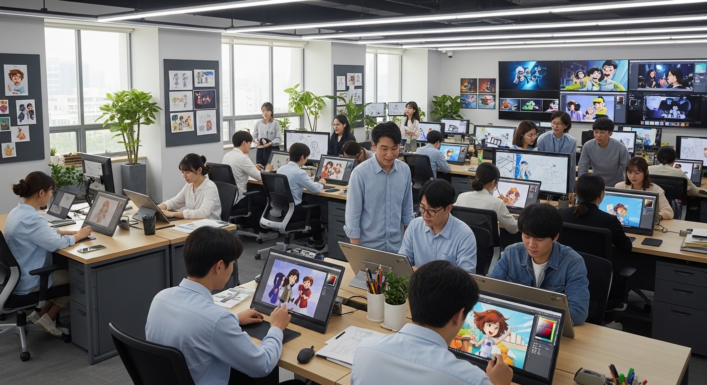 한국 애니메이터들이 디지털 아트 태블릿으로 작업하는 현대적인 스튜디오 모습