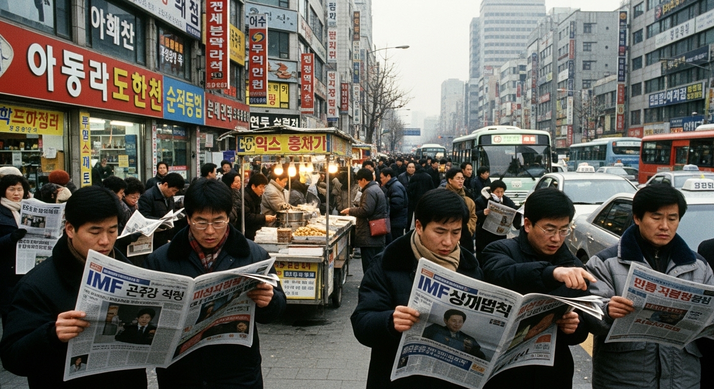 1997년 서울 거리에서 사람들이 신문 헤드라인을 읽으며 IMF 위기에 대한 걱정을 표현하는 장면