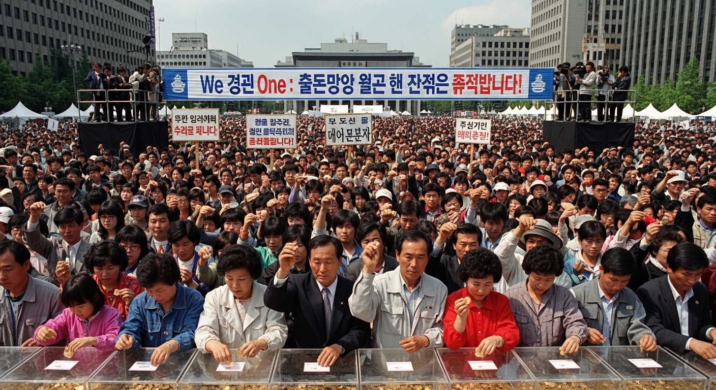 국민들이 모여 금 모으기 운동에 참여하는 장면으로 국가적 연대와 협력을 상징