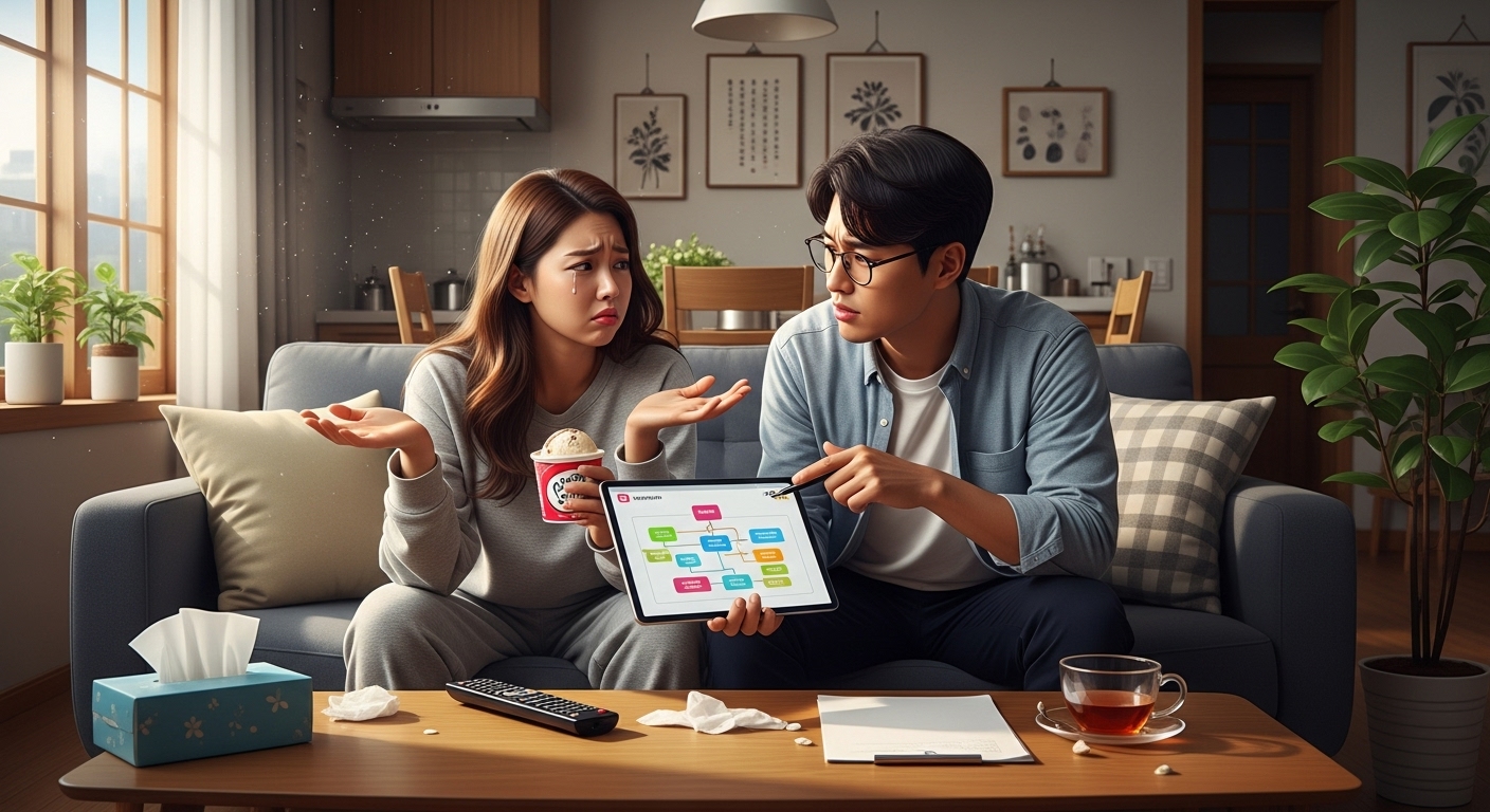 집에서 공감을 원하는 여자와 논리적으로 해결책을 제안하는 남자의 유머러스한 장면