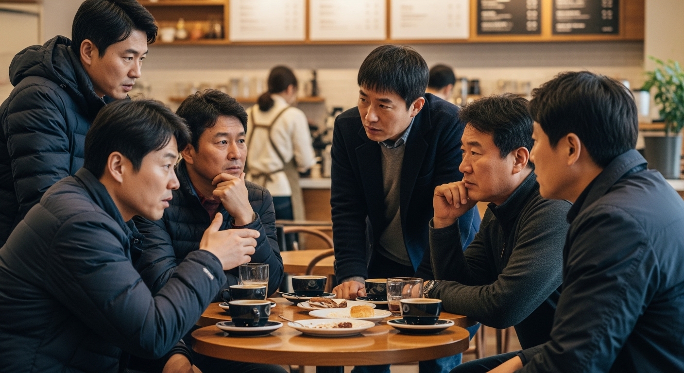 일상복을 입은 전직 특공대원들이 카페에서 동네 사건을 논의하는 모습