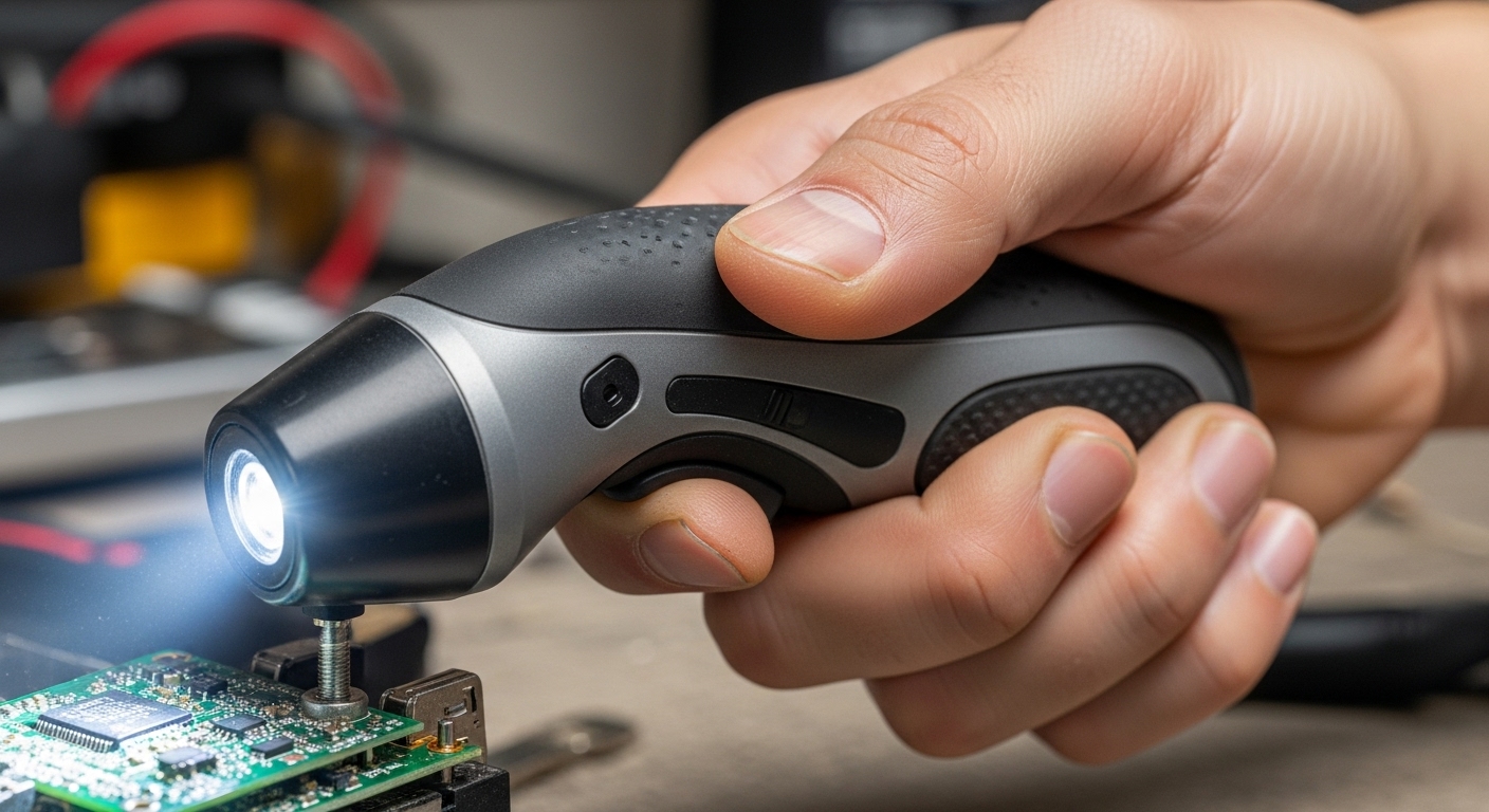 실내 좁은 공간에서 사용 중인 전동 드라이버의 손잡이와 LED 조명이 돋보이는 클로즈업