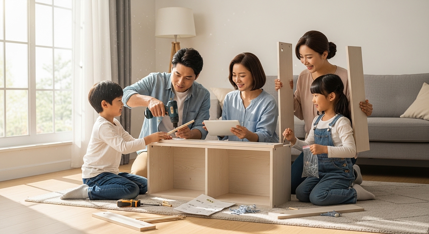 밝은 거실에서 가족이 협력하여 이케아 책장을 조립하는 장면