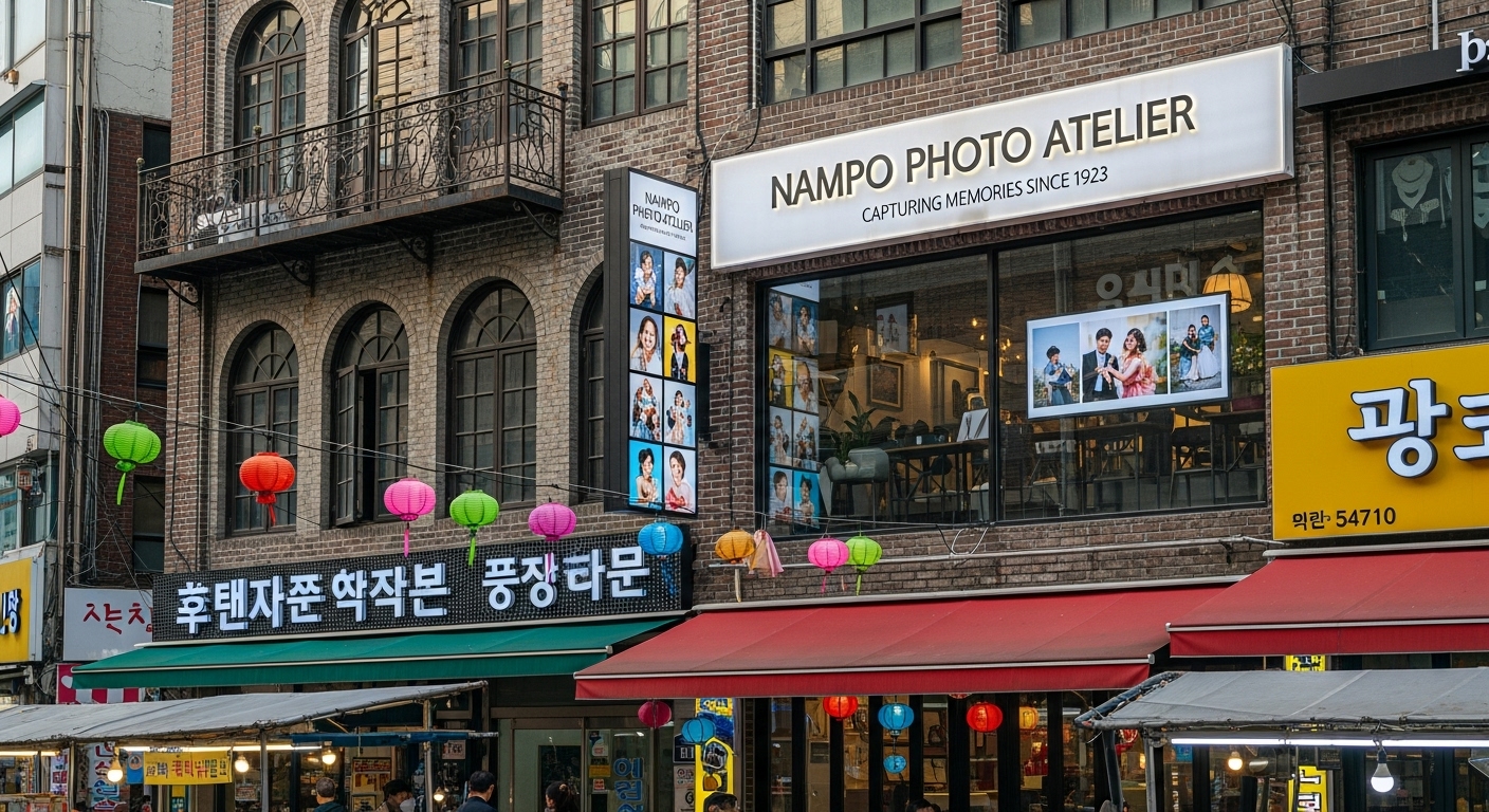 전통과 현대가 어우러진 부산 남포동의 사진관 외관