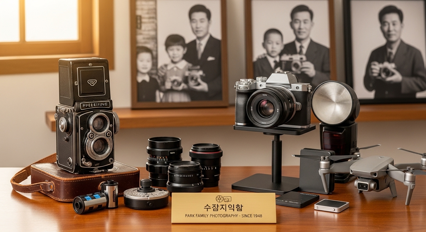 세대를 이어온 한국 가족 사업을 상징하는 사진 장비들
