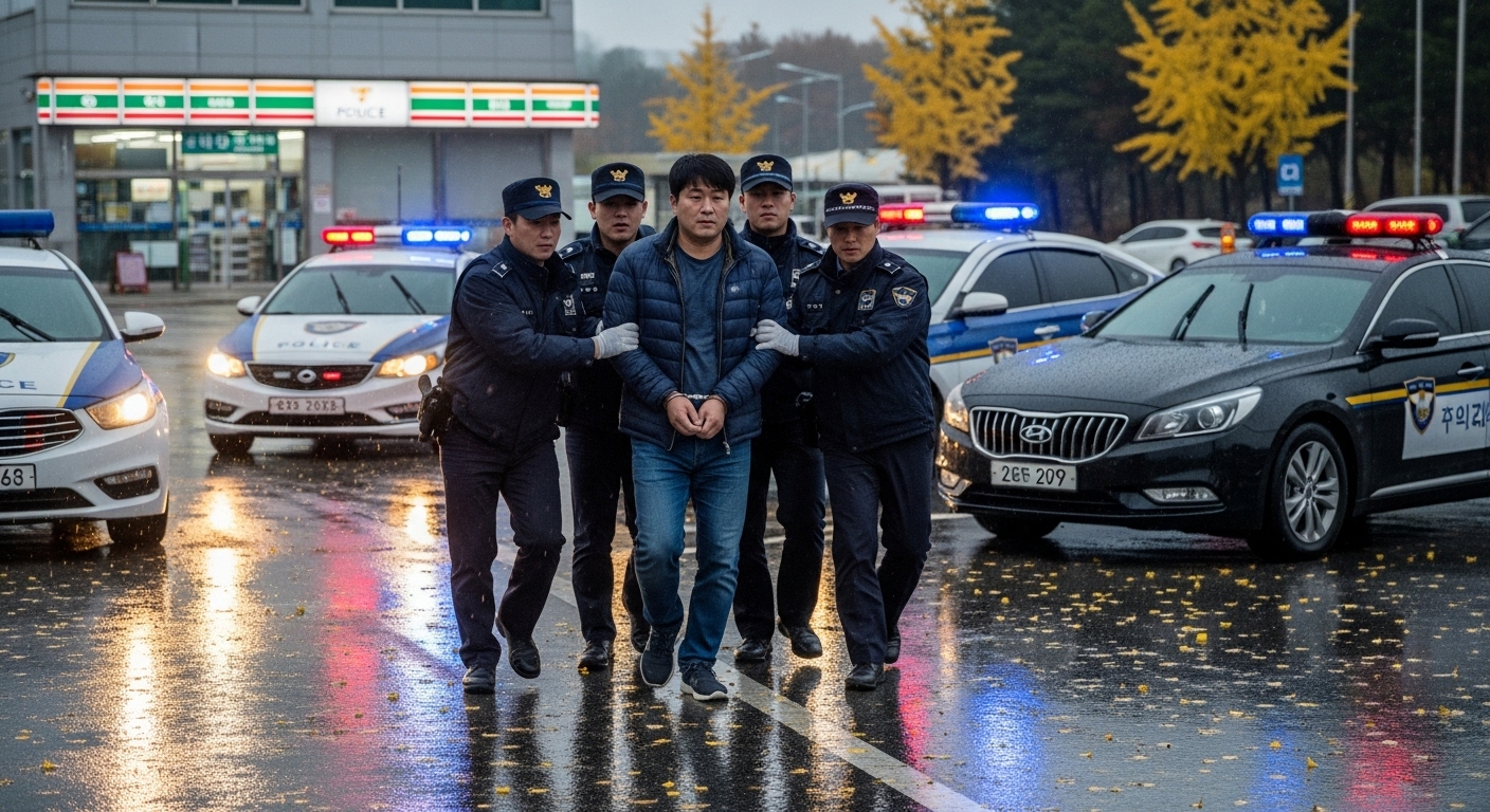 충주 휴게소 인근에서 경찰에 체포되는 남성의 모습