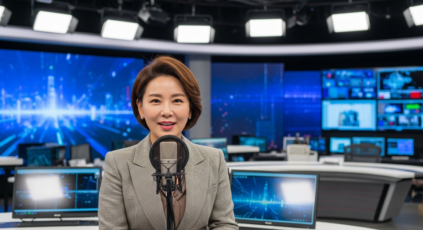 방송 장비와 조명 아래에서 자신감 있게 진행하는 여성 방송인 모습