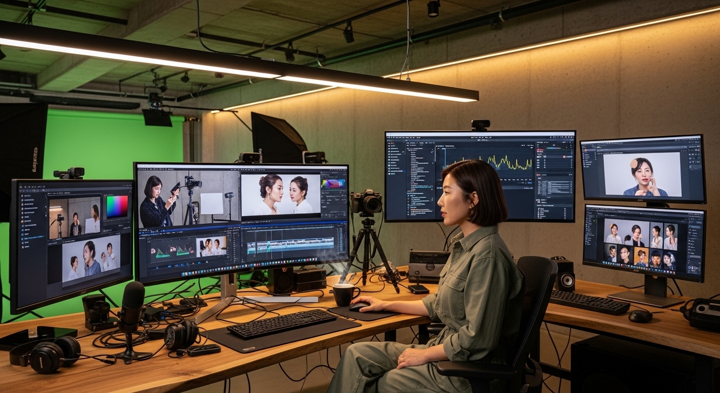 디지털 스튜디오에서 온라인 콘텐츠를 제작하는 현대적 환경 속 여성 모습